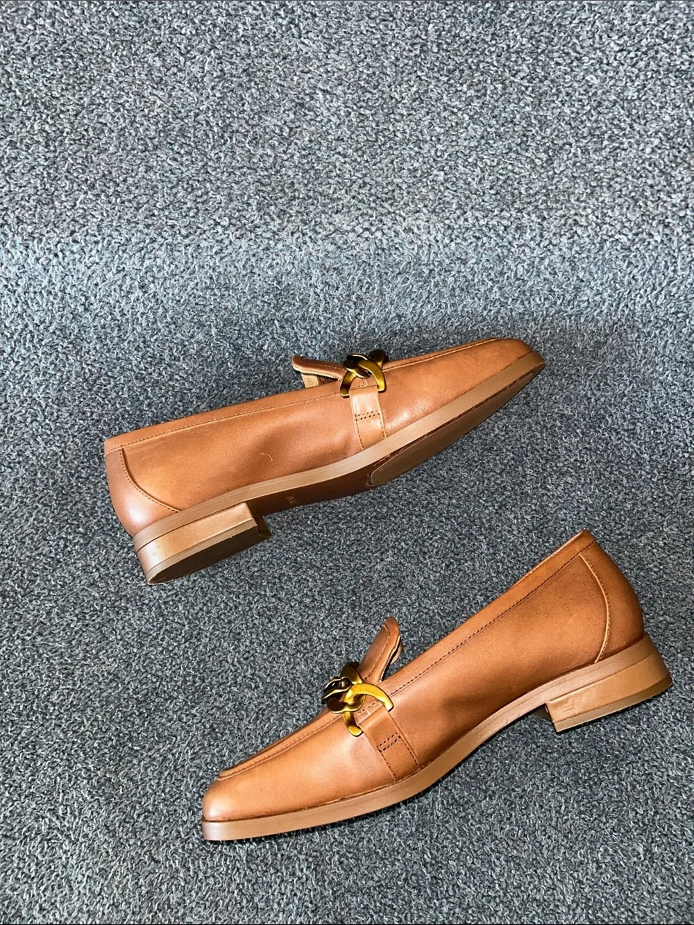 Vionic Brown Leather Loafers with Gold Chain Accent